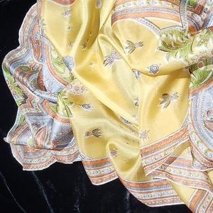Lembeck Silk Scarf Rare Hand Rolled Curved Edge yellow blue orange green Retro